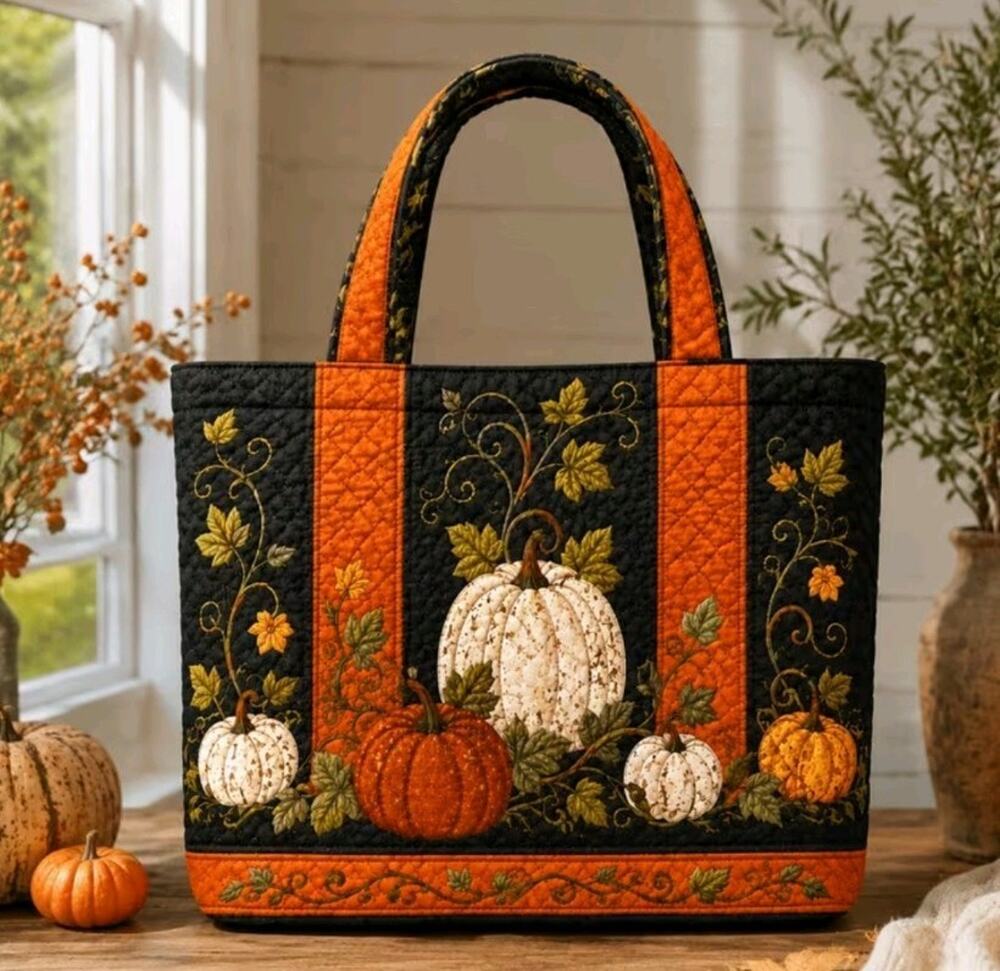 Fall Quilted Colorful Pumpkin Tote Bag 16" x 15"